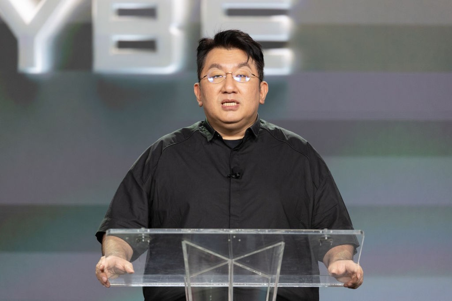 Bang Si-Hyuk on stage for a photo during the "HYBE x Geffen Records Announce Contestants for Forthcoming Global Girl Group" event on August 28, 2023 in Santa Monica, California. (Photo by Ch ...