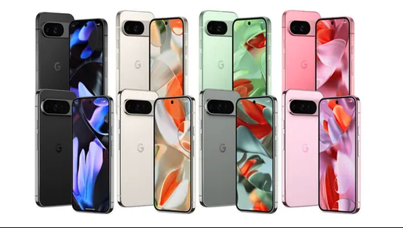 Le Pixel 9 (rangée du haut) est disponible en noir, blanc, vert clair et rose, le Pixel 9 Pro XL (rangée du bas) est disponible en noir, blanc, gris et rose.