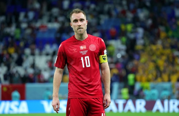 epa10339457 Christian Eriksen of Denmark reacts after losing the FIFA World Cup 2022 group D soccer match between Australia and Denmark at Al Janoub Stadium in Al Wakrah, Qatar, 30 November 2022. EPA/ ...