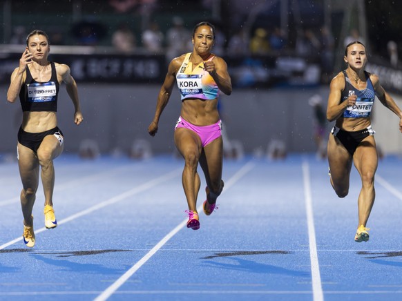 Géraldine Di Tizio-Frey (à g.) a battu Salomé Kora (au centre) et Léonie Pointet (à g.) en finale du 100 m à Bulle.