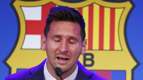 Lionel Messi speaks during a press conference at the Camp Nou stadium in Barcelona, Spain, Sunday, Aug. 8, 2021. FC Barcelona had previously announced the negotiations with Lionel Messi had ended and  ...
