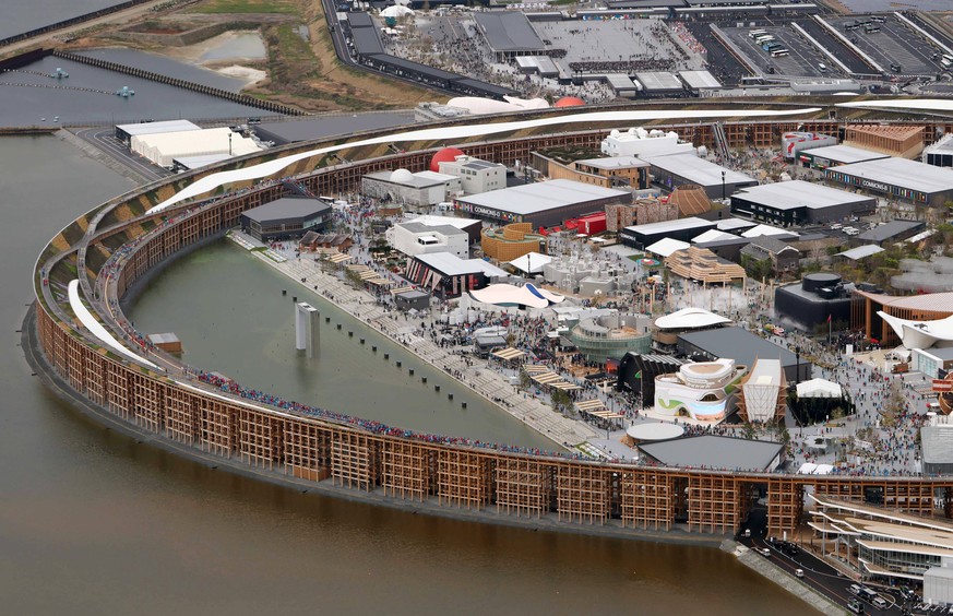 epa12028533 This aerial view taken by Jiji Press shows the Osaka Expo 2025 venue the day of its opening at Yumeshima, an artificial island in Osaka, western Japan, 13 April 2025. The Expo 2025 Osaka,  ...