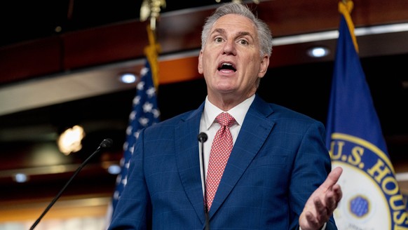 FILE - House Minority Leader Kevin McCarthy of Calif. speaks at a news conference on Capitol Hill in Washington, July 29, 2022. McCarthy warned Tuesday, Oct. 18, that Republicans will not write a