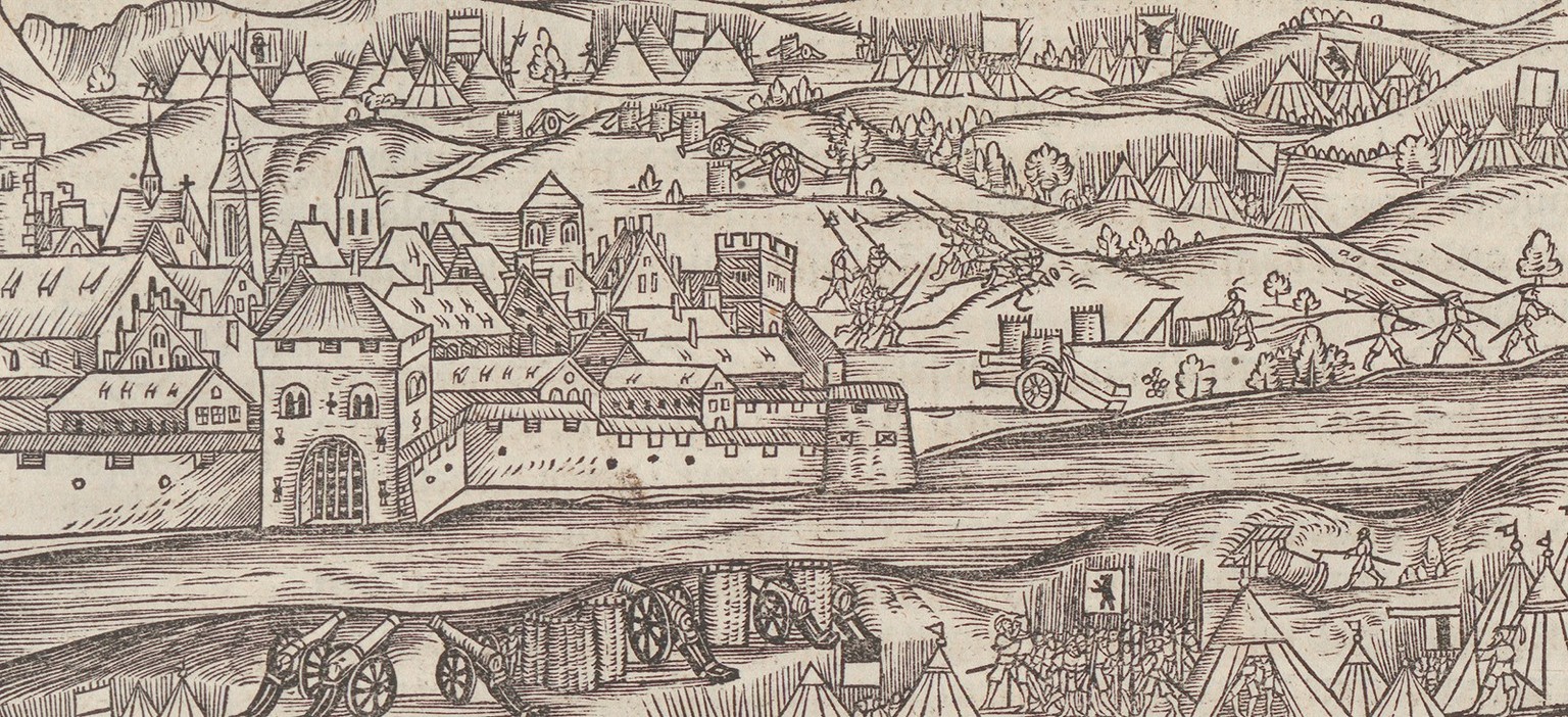 Le siège de Dijon selon une gravure sur bois de la chronique de Stumpf. Cette gravure servait toutefois aussi à représenter d’autres sièges de la Confédération. Vers 1548.
https://www.e-rara.ch/zuz/co ...