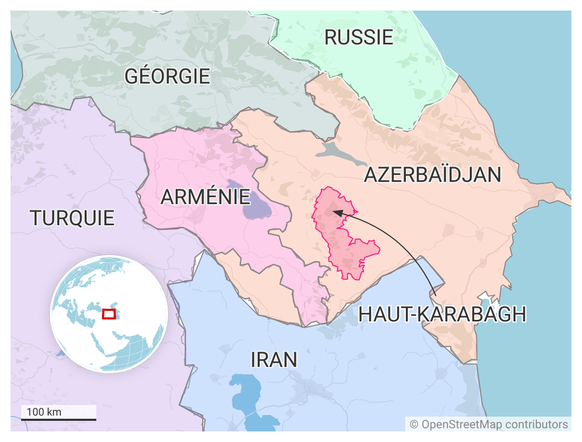 Carte du Caucase: Russie, Géorgie, Arménie, Turquie, Iran, Mer, Mer Caspienne, Azerbaïdjan, Haut-Karabagh.