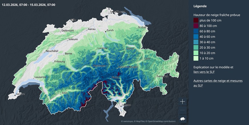 Les prévisions de chutes de neige fraîche, du 12 au 15 mars.