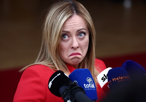 epa10456139 Italy&#039;s Prime Minister Giorgia Meloni speaks to the media as she arrives for a special meeting of the European Council in Brussels, Belgium, 09 February 2023. EU leaders will meet in  ...