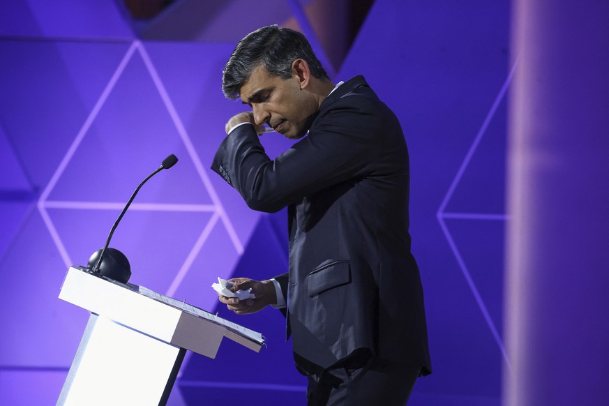 Britain&#039;s Prime Minister Rishi Sunak takes part in the BBC&#039;s Prime Ministerial Debate, in Nottingham, England, Wednesday June 26, 2024. (Phil Noble/Pool via AP)
