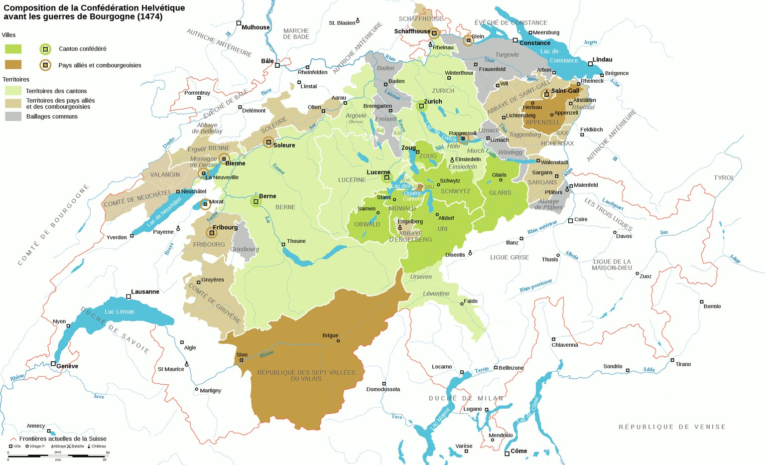 Carte de la suisse en 1474, peu avant le début des guerres de Bourgogne.