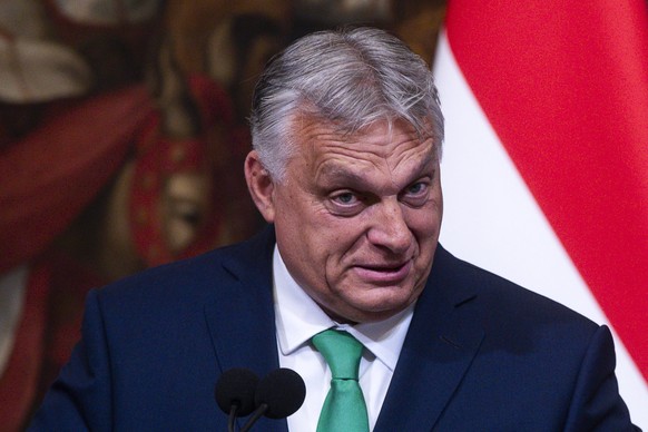 epa11434934 Hungarian Prime Minister Viktor Orban holds a joint press conference with the Italian prime minister after their meeting at the Chigi Palace in Rome, Italy, 24 June 2024. EPA/ANGELO CARCON ...