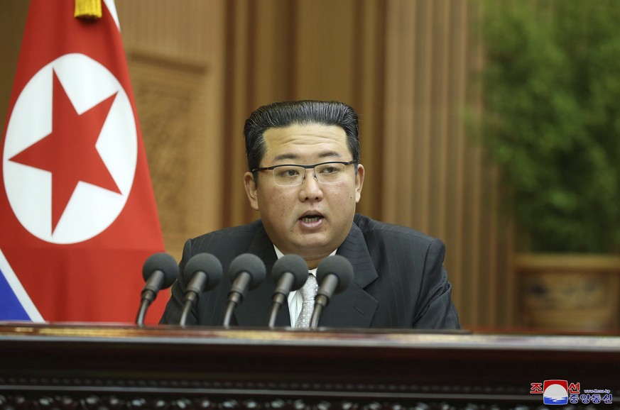 In this photo provided by the North Korean government, North Korean leader Kim Jong Un speaks during a parliament meeting in Pyongyang, North Korea Wednesday, Sept. 29, 2021. Independent journalists w ...