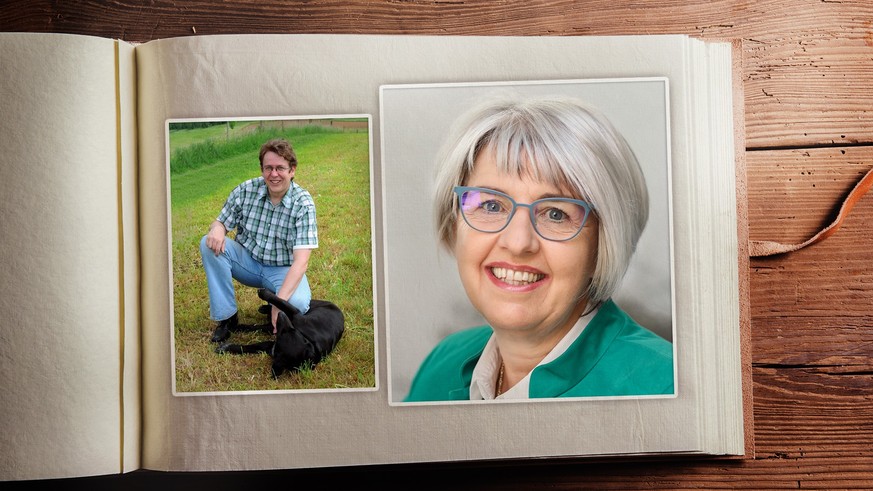 Fathers day composition - photo album with a black and white photos. Studio shot on wooden background.