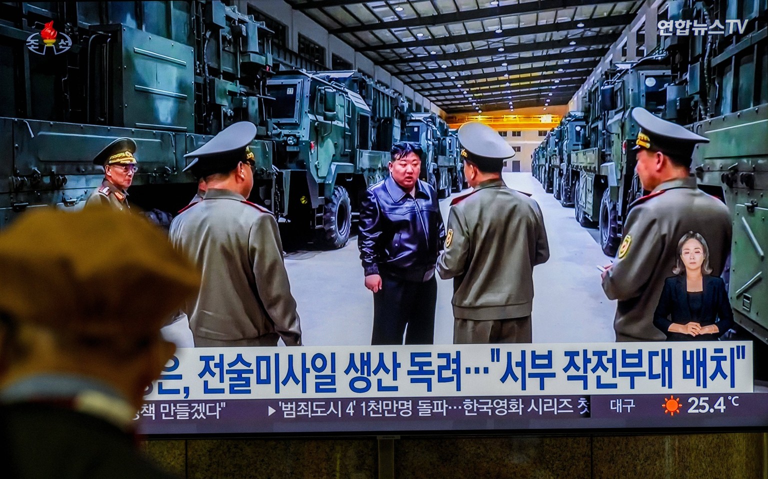 May 15, 2024, Seoul, South Korea: A 24-hour Yonhapnews TV broadcast at Yongsan Railway Station in Seoul shows North Korean leader Kim Jong inspecting a new tactical missile weapons system, to be newly ...
