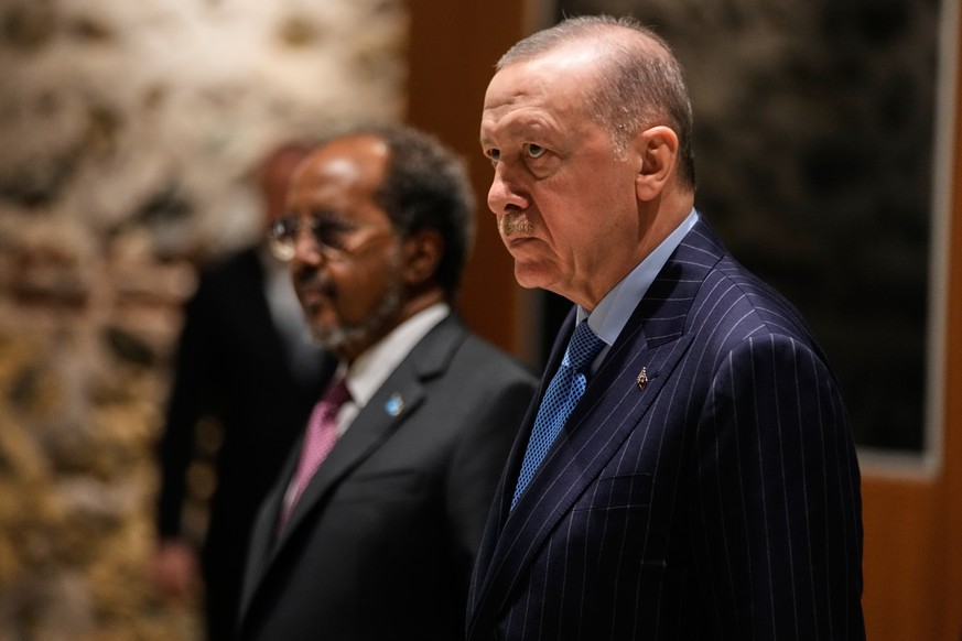 Somalia's President Hassan Sheikh Mohamud, left, walks alongside Turkey's President Recep Tayyip Erdogan ahead of a news conference in Istanbul, Turkey, Tuesday, Dec. 30, 2025. (AP Photo/Kha ...