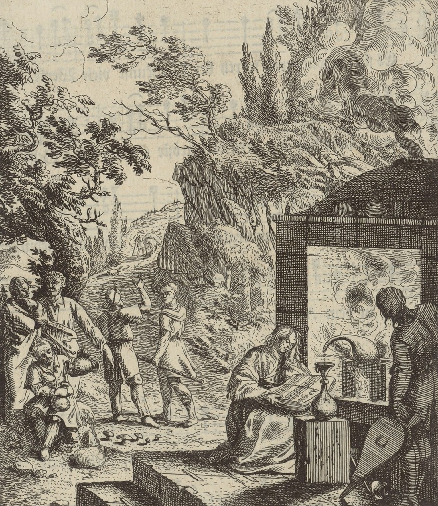 Distillation d’alcool (?) sur un foyer ouvert au bord d’une route. Eau-forte de Johann Balthasar (l’Ancien) Bullinger, XVIIIe siècle.
https://doi.org/10.16903/ethz-grs-D_032444