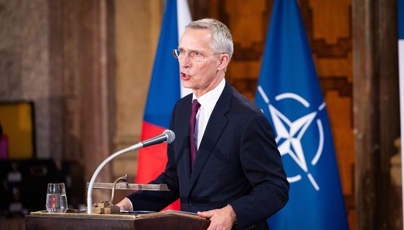 epa11379731 A handout photo made available by NATO shows NATO Secretary General Jens Stoltenberg delivers a keynote speech at the Conference &#039;75 Years of NATO: How to keep in on track?&#039; host ...