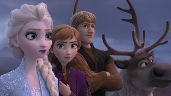 This image released by Disney shows Elsa, voiced by Idina Menzel, from left, Anna, voiced by Kristen Bell, Kristoff, voiced by Jonathan Groff and Sven in a scene from &amp;quot;Frozen 2.&amp;quot; (Di ...