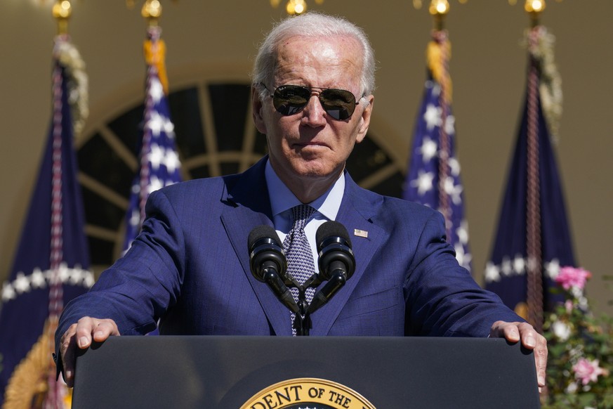 epa10211819 US President Joe Biden delivers remarks during an event to celebrate the Americans with Disabilities Act and mark Disability Pride Month, in the Rose Garden at the White House, in Washingt ...