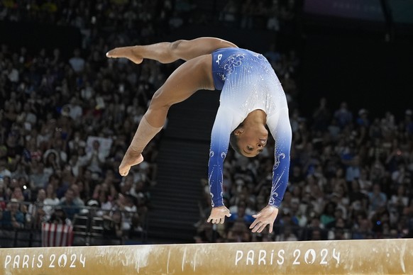 Simone Biles, of the United States, competes during the women&#039;s artistic gymnastics individual balance beam finals at Bercy Arena at the 2024 Summer Olympics, Monday, Aug. 5, 2024, in Paris, Fran ...