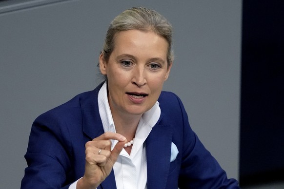 FILE - AfD head Alice Weidel speaks during a general debate of the German parliament Bundestag in Berlin, Germany, Sept. 11, 2024. (AP Photo/Markus Schreiber, File)
Alice Weidel