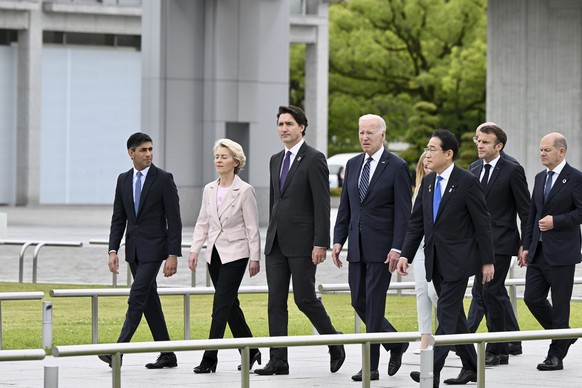 From left, British Prime Minister Rishi Sunak, European Commission President Ursula von der Leyen, Canadian Prime Minister Justin Trudeau, U.S. President Joe Biden, Japan&#039;s Prime Minister Fumio K ...