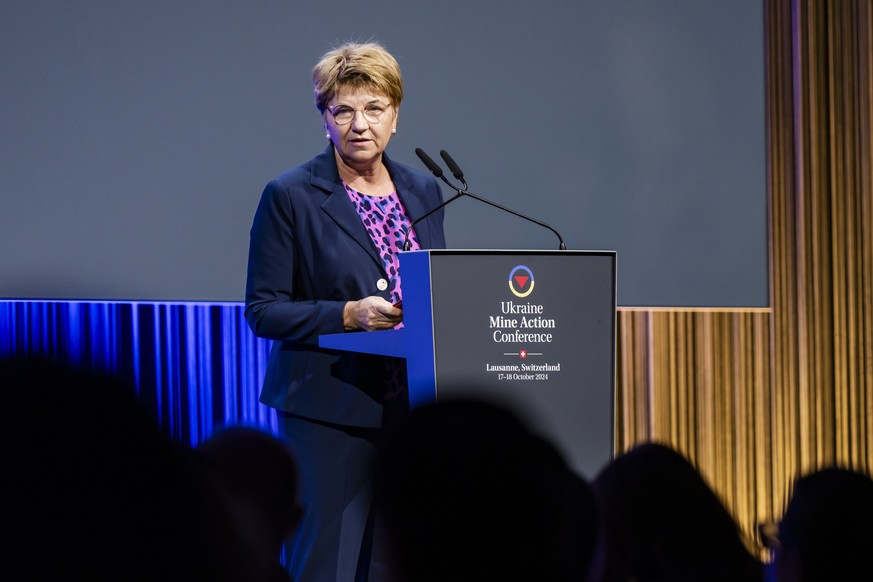 epa11663787 Viola Amherd, President of the Swiss Confederation, speaks during the opening plenary at the Ukraine Mine Action Conference in Lausanne, Switzerland, 17 October 2024. The Ukraine Mine Acti ...