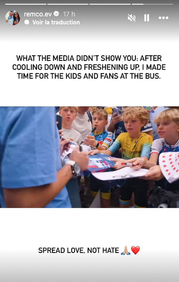 La story Instagram publiée par Remco Evenepoel pour montrer qu'il a accordé du temps à ses fans.