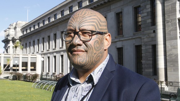 FILE - In this October 2020, file photo, Maori Party co-leader Rawiri Waititi poses for a photo outside New Zealand&#039;s Parliament in Wellington. The Indigenous New Zealand lawmaker was thrown out  ...
