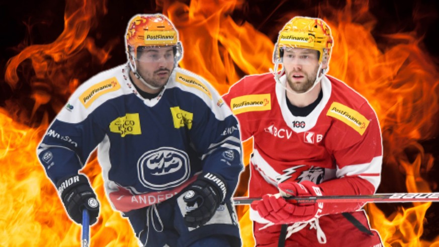 Jiri Sekac (LHC, à droite) et Inti Pestoni (Ambri) se disputeront une place en play-offs, mardi à Lausanne.