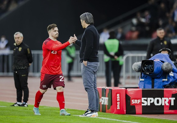 Switzerland&#039;s head coach Murat Yakin, right, and Switzerland&#039;s Xherdan Shaqiri, left, during a friendly soccer match between Switzerland and Kosovo, at the Letzigrund Stadium in Zurich, Swit ...