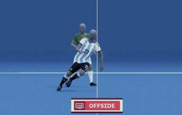 L'épaule de l'attaquant (No 22) est positionnée derrière le dernier défenseur adverse (vert), à partir duquel est tracée la ligne de hors-jeu virtuelle.