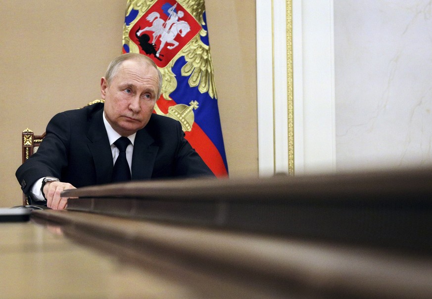 FILE - Russian President Vladimir Putin chairs a meeting with members of the government via teleconference in Moscow, on March 10, 2022. (Mikhail Klimentyev, Sputnik, Kremlin Pool Photo via AP, File)