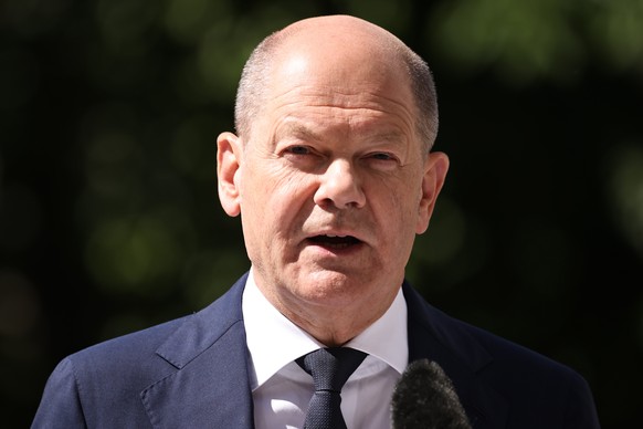 epa10668929 German Chancellor Olaf Scholz speaks during a press conference following a meeting of the Alliance for Transformation in Berlin, Germany, 02 June 2023. In the &#039;Alliance for Transforma ...