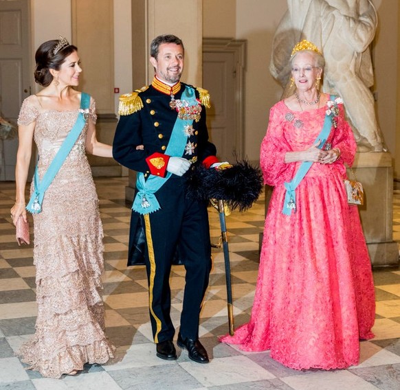 COPENHAGEN, DENMARK - MAY 26: Queen Margrethe of Denmark, Crown Prince Frederik of Denmark and Crown Princess Mary of Denmark during the gala banquet on the occasion of The Crown Prince&#039;s 50th bi ...