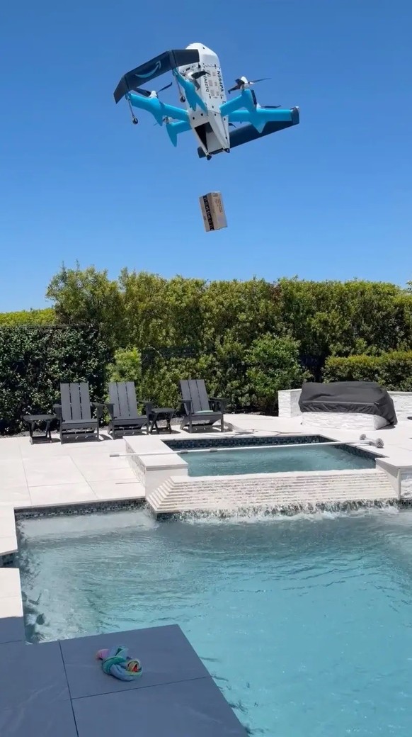 Le drone Amazon a finalement choisi sa piscine comme zone d’atterrissage.