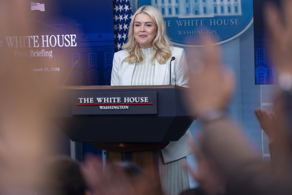 epa12849291 White House Press Secretary Karoline Leavitt responds to a question from the news media during the daily briefing at the White House in Washington, DC, USA, 25 March 2026. Secretary Leavit ...