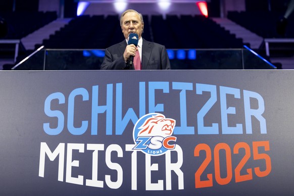 Walter Frey, Verwaltungsratspraesident ZSC Lions haelt eine Rede an der Meisterfeier der ZSC Lions nach dem gewinn des 11. Meistertitels, am Samstag 26. April 2025 in der Swiss Life Arena in Zuerich.  ...