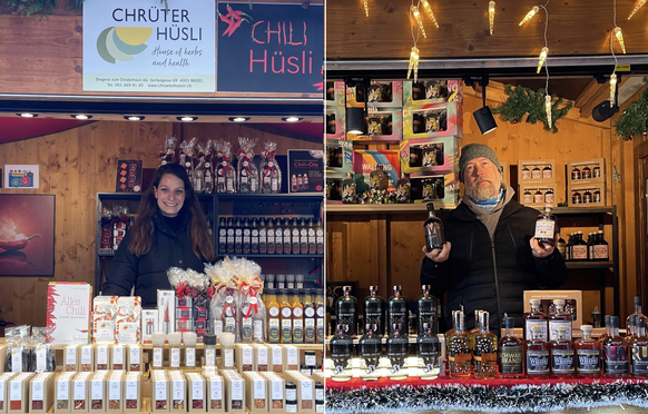Patrizia et Sandro dans leurs stands au marché de Noël de Bâle.