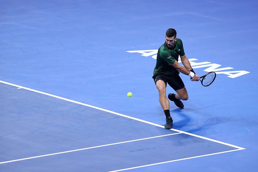 ATHENS, GREECE - NOVEMBER 4: Novak Djokovic of Serbia in action against Alejandro Tabilo of Chile during the Hellenic Championship ATP 250, at OAKA Olympic Athletic Center, in Athens, Greece, on Novem ...
