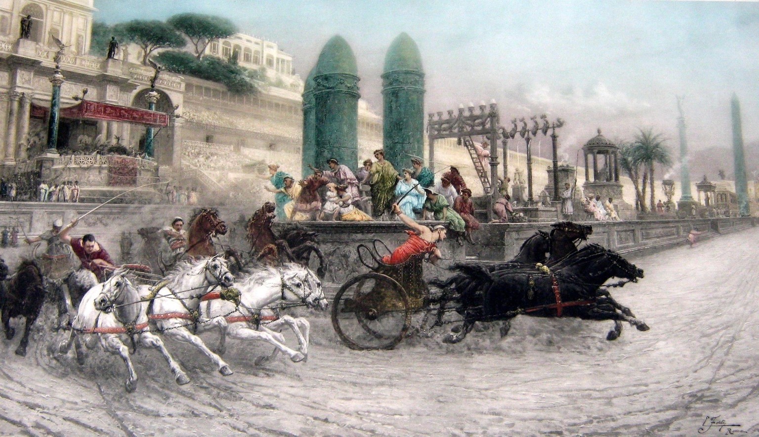 Le Circus Maximus d'Ettore Forti vers 1900. Les conducteurs de chars romains ne se contentaient pas d'avoir les cordes dans les mains comme les Grecs, mais les enroulaient autour de leur bras ou de le ...