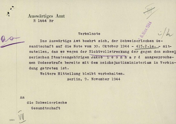Une note allemande adressée à la légation suisse en novembre 1944.