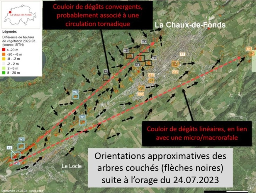 Représentation de l’orientation approximative d’effondrement des arbres autour de la ville de La Chaux-de-Fonds observée suite à l’épisode orageux.