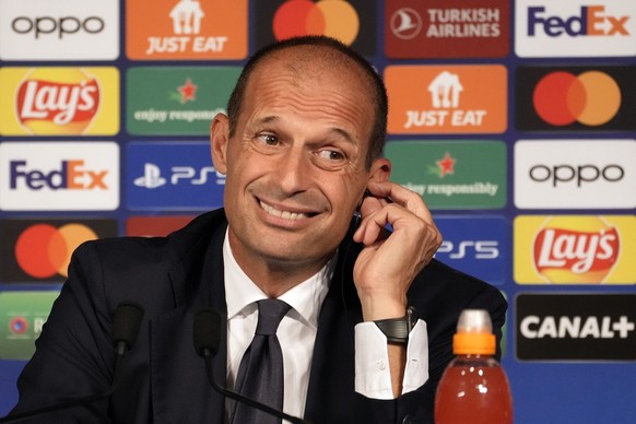 Juventus&#039; head coach Massimiliano Allegri gives a press conference at the Parc des Princes stadium, in Paris, Monday, Sept. 5, 2022. Paris Saint Germain will play against the Juventus in a Champi ...