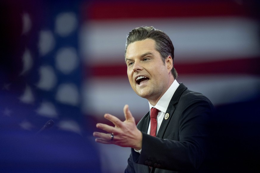 FILE - Rep. Matt Gaetz, R-Fla., speaks during the Conservative Political Action Conference, CPAC 2024, at the National Harbor, in Oxon Hill, Md., Feb. 23, 2024. (AP Photo/Alex Brandon, File)
Matt Gaet ...