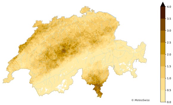 Cette carte indique le nombre moyen de jours de grêle par kilomètre carré pendant le semestre d'été pour la période 2002-2021. Le Jura, la Suisse centrale et le Tessin de distinguent nettement.