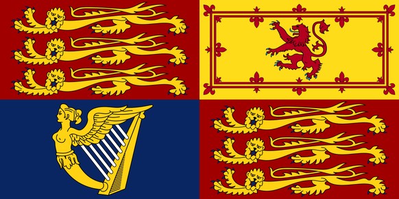 L'étendard se compose de quatre parties: les lions d'or sur fond rouge représentent l'Angleterre. Le lion rouge sur fond or incarne l'Ecosse. La harpe sur fond bleu, elle, l'Irlande.