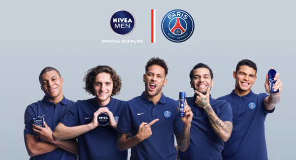 Le logo du PSG orne aussi les produits Nivea pour hommes - les co-marquages sont plutôt atypiques pour la marque de cosmétiques.