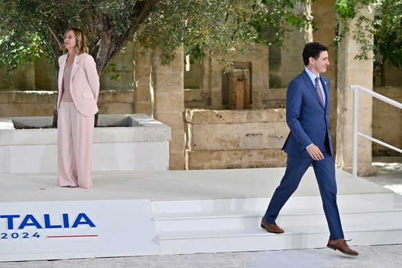 FASANO, ITALY - JUNE 13: Canadian Prime Minister Justin Trudeau is greeted by Italian Prime Minister Giorgia Meloni during a welcome ceremony on day one of the 50th G7 summit at Borgo Egnazia on June ...