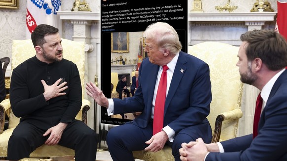 Donald Trump und Wolodymyr Selenskyj geben sich an der Pressekonferenz Saures.