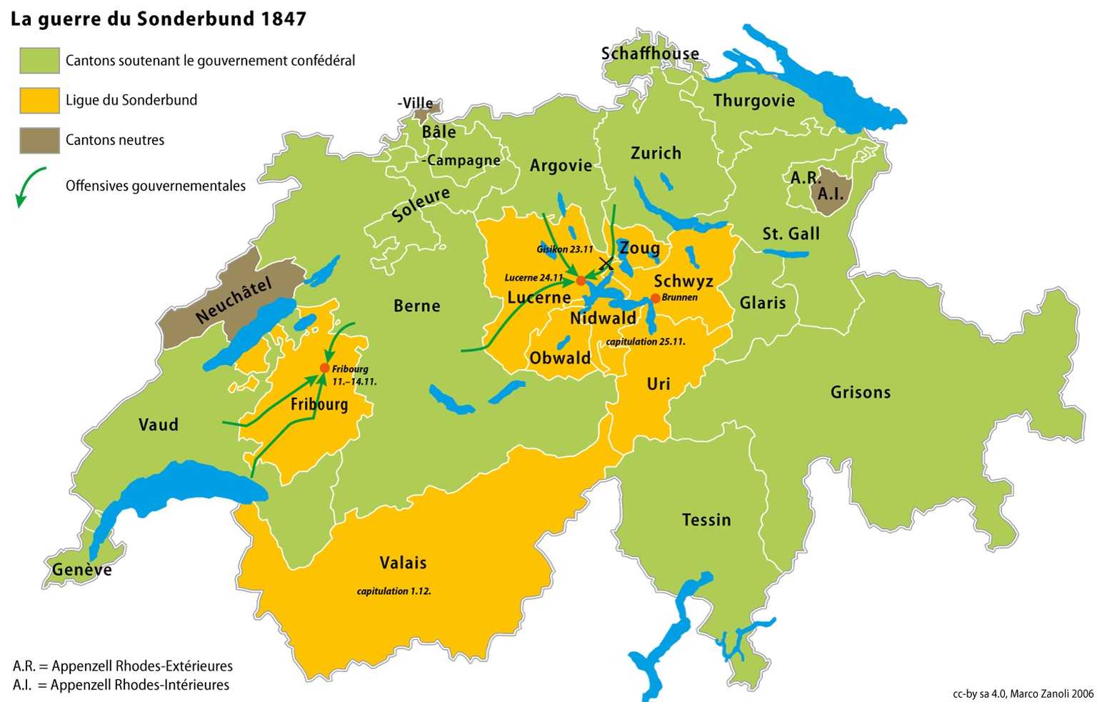Graphique de la guerre du Sonderbund en Suisse en 1847. En vert les cantons soutenant le gouvernement.